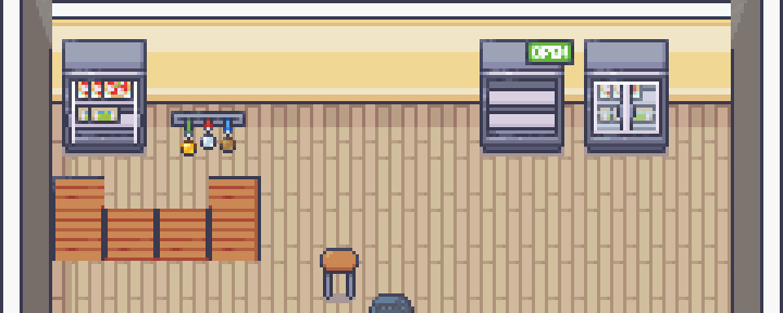 Pixel-art render of the lounge floor: wooden bar, drink fridges and shop shelves