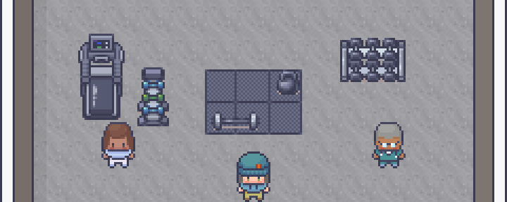 Pixel-art render of the training floor: treadmill, spin bike, lifting platform and members working out