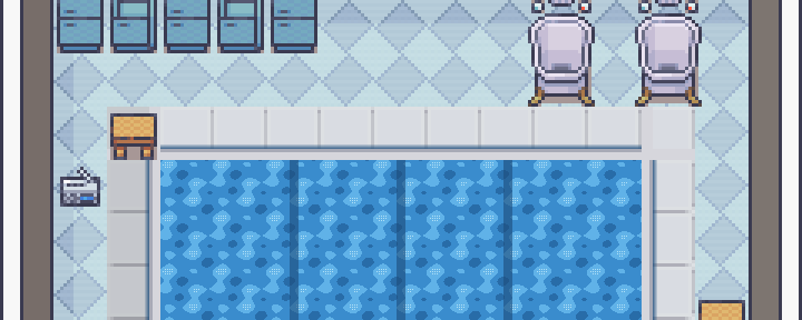 Pixel-art render of the pool floor: swimming lanes, lockers and showers