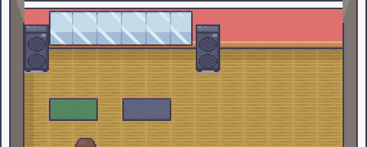 Pixel-art render of the class studio: golden court, coral wall and PA speakers